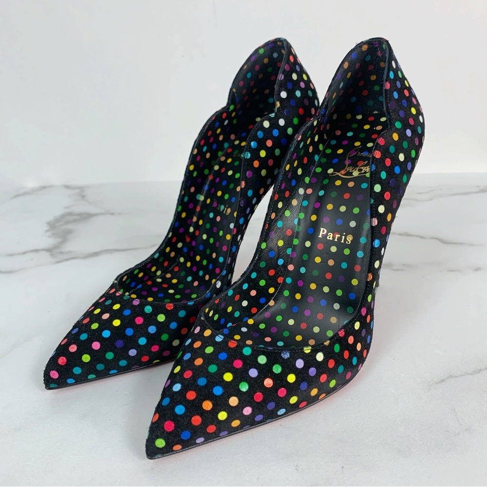 Christian Louboutin Hot Chick 100mm Suede Multi Polka Dot Scallop Pump Size 39 - Picture 5 of 16